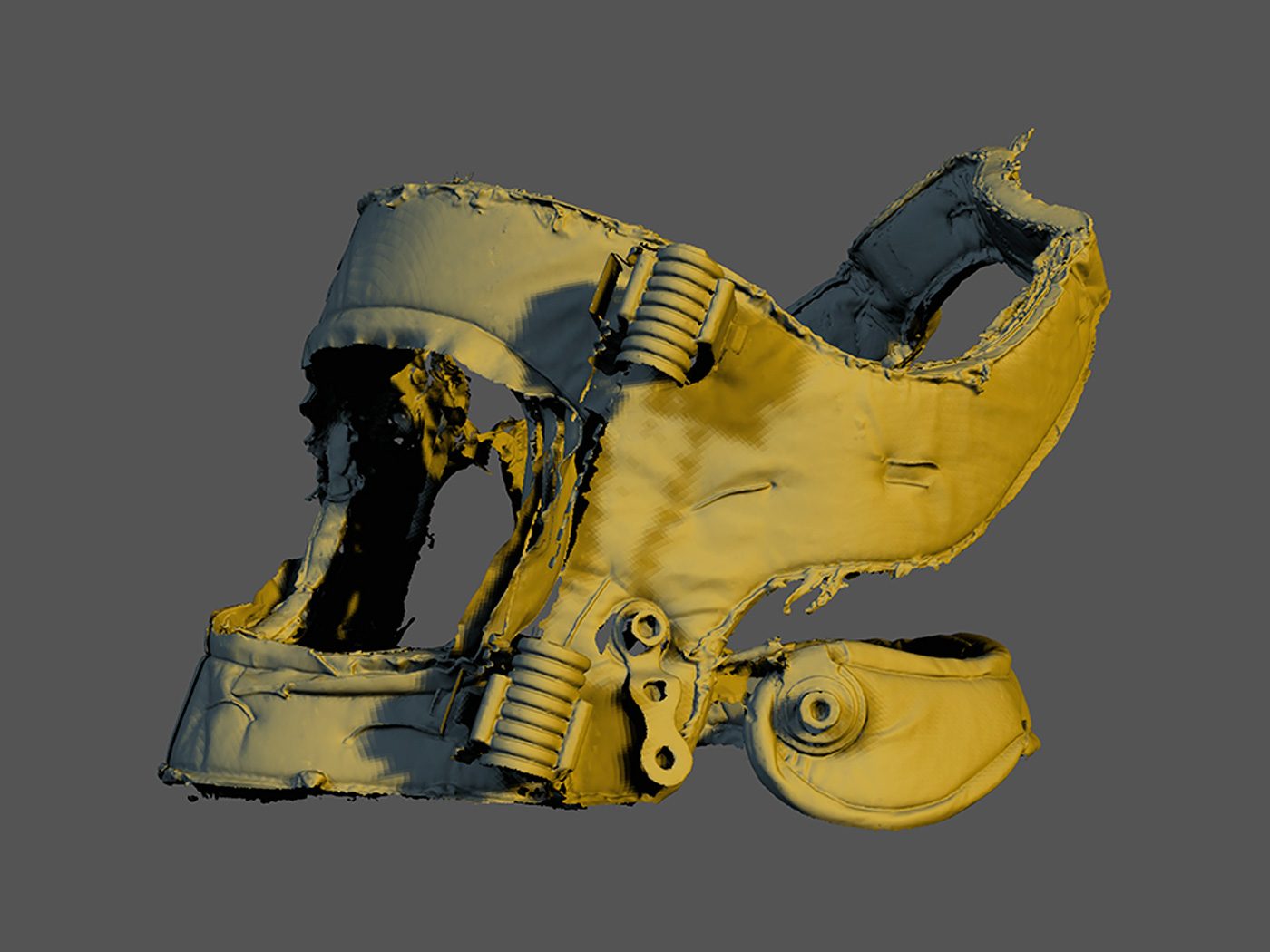 Photogrammetry of a cervical support. Incorrect scans can be seen in some places, resulting in overlays and fragments.